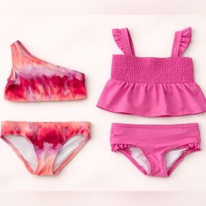 TWO Carter's 5T bathing suits - Hot Pink & Coral Tie-Dye - one shoulder swimsuit